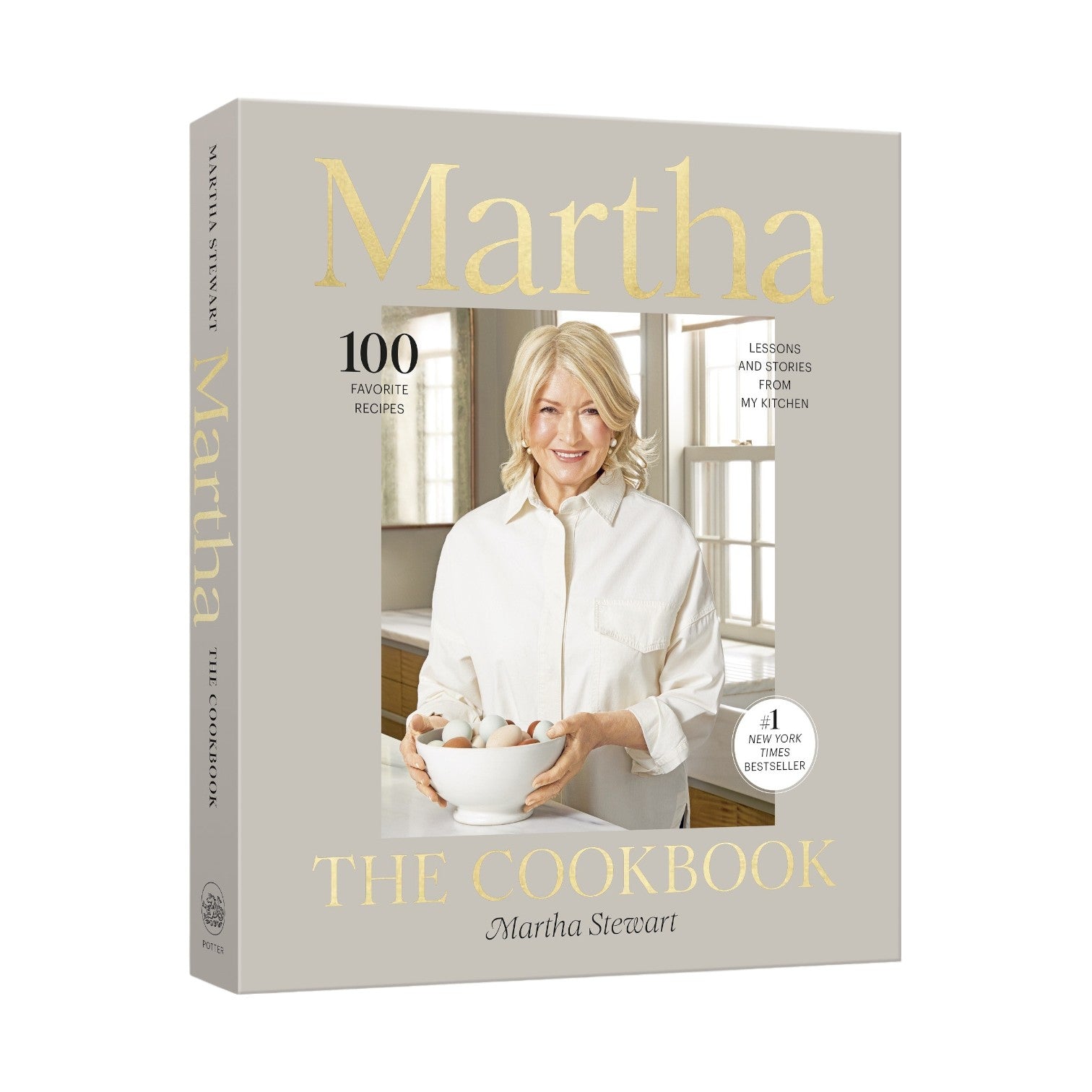 The cover of "Martha: The Cookbook 100 Favorite Recipes" by Penguin Random House shows Martha Stewart with a bowl of eggs, and text highlights 100 favorite recipes and the book’s bestseller status.