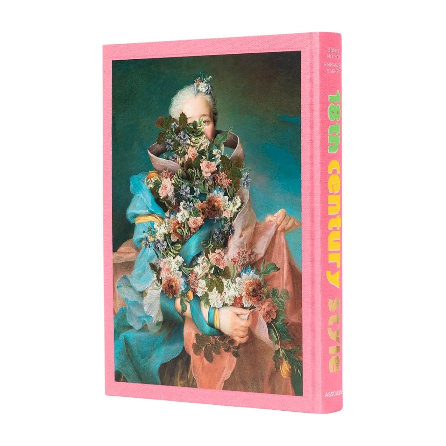 Assouline’s "18th Century Style" book features a pink border and a flower-obscured classical portrait, reflecting the grace and Enlightenment ideals of its era.