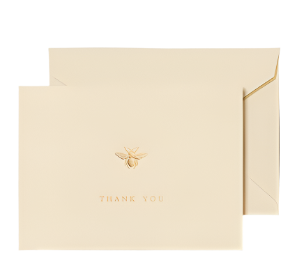 The Bumble Bee Thank You Folded Card Set by Crane features a cream-colored card with a gold embossed bumble bee design and comes with a matching envelope.