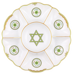 The Herend Seder Plate, Key Lime Green, is a ceramic Passover plate with six labeled sections, hand-painted designs, and a green Star of David in the center.