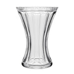 The Juliet Vase by William Yeoward Crystal features clear glass with a flared top and base, vertical ridges, and an elegant hourglass shape—perfect for stylish floral arrangements.