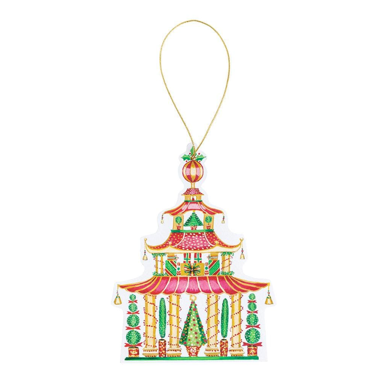 The Caspari Christmas Pagodas Gift Tag Set features festive holiday designs on colorful pagoda-shaped tags, crafted from high-quality cardstock and finished with a thin gold string for hanging.