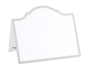 The Caspari Arch Silver Place Cards feature a folded white design with a silver border and scalloped top edge, standing upright on a white background—ideal for elegant table decor.