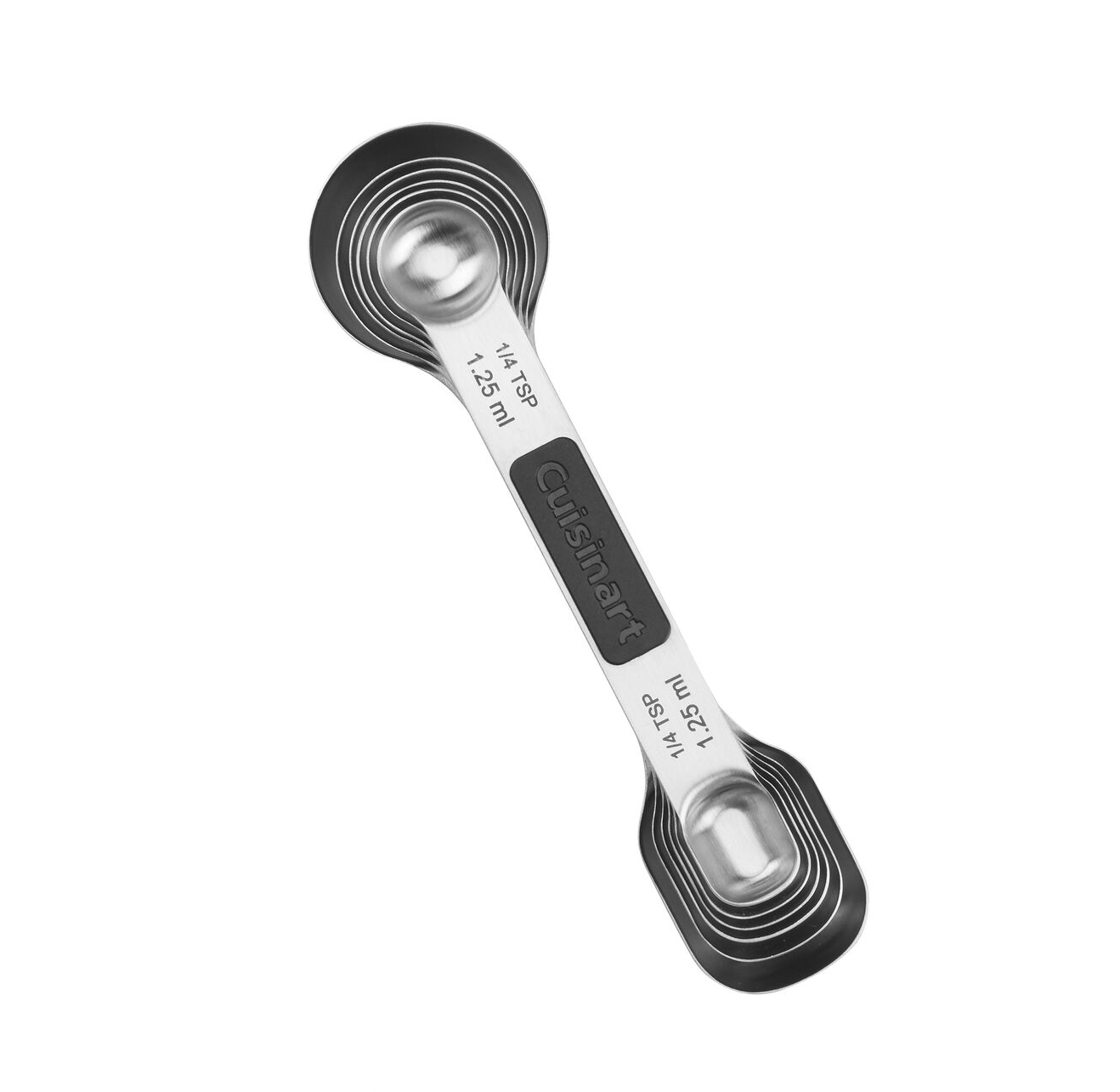 The Cuisinart Magnetic Measuring Spoons offer clearly labeled 1/4 teaspoon and 1 tablespoon measurements in durable stainless steel, ideal for those needing reliable kitchen measuring spoons.