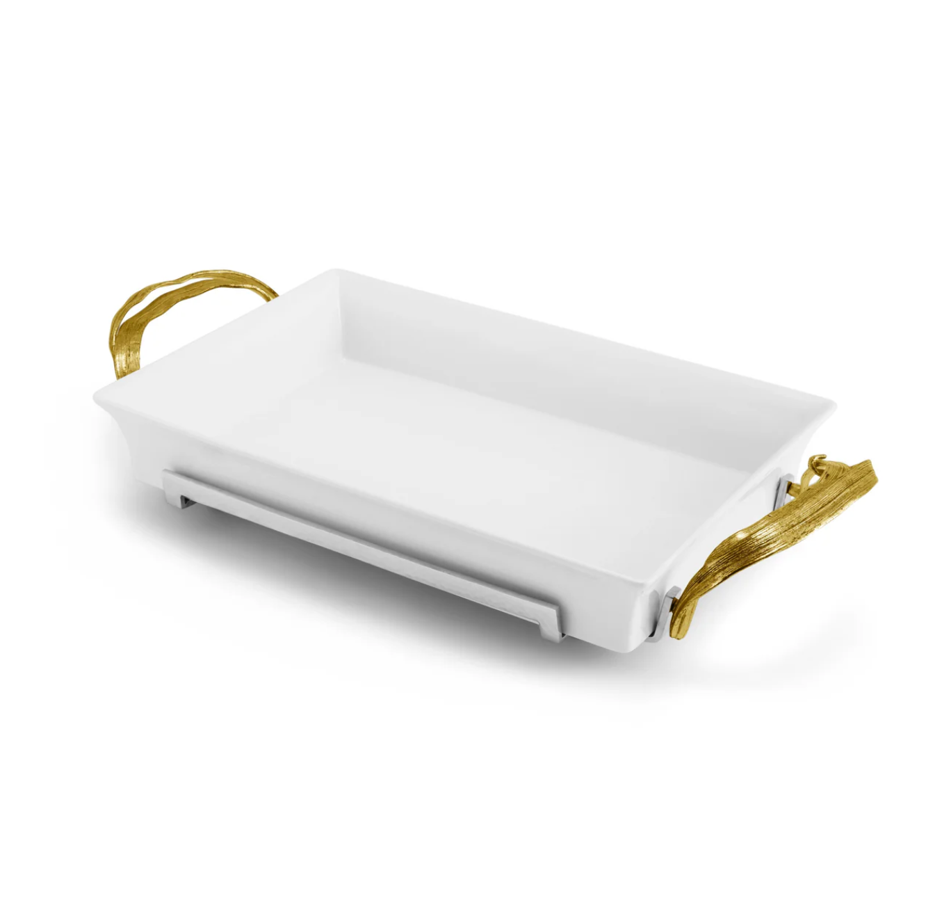 The Michael Aram Palm 3-Quart Casserole Dish features sculpted textures and elegant antique gold-finished handles, shown on a plain white background.