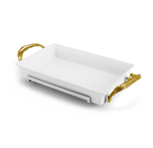 The Michael Aram Palm 3-Quart Casserole Dish features sculpted textures and elegant antique gold-finished handles, shown on a plain white background.