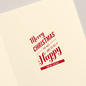The Crane Santa Claus Wink Card Set features a vintage-style Christmas card with engraved details and red text that reads: "Merry Christmas to All and to All a Happy New Year" on a plain background.