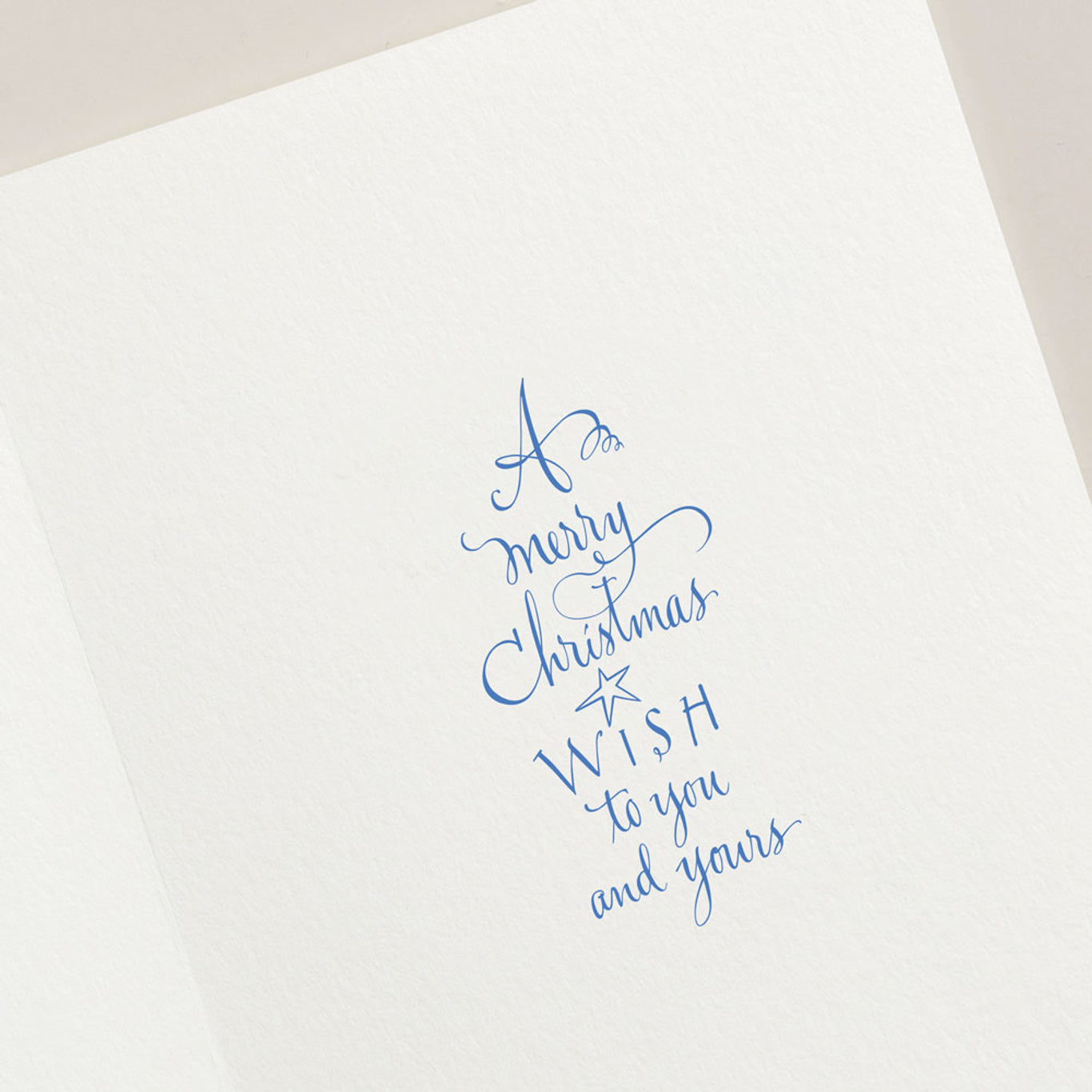 Send warm wishes with Crane's Snow Globe Card Set, featuring a unique design with blue cursive text reading "A merry Christmas wish to you and yours" on elegant white paper.