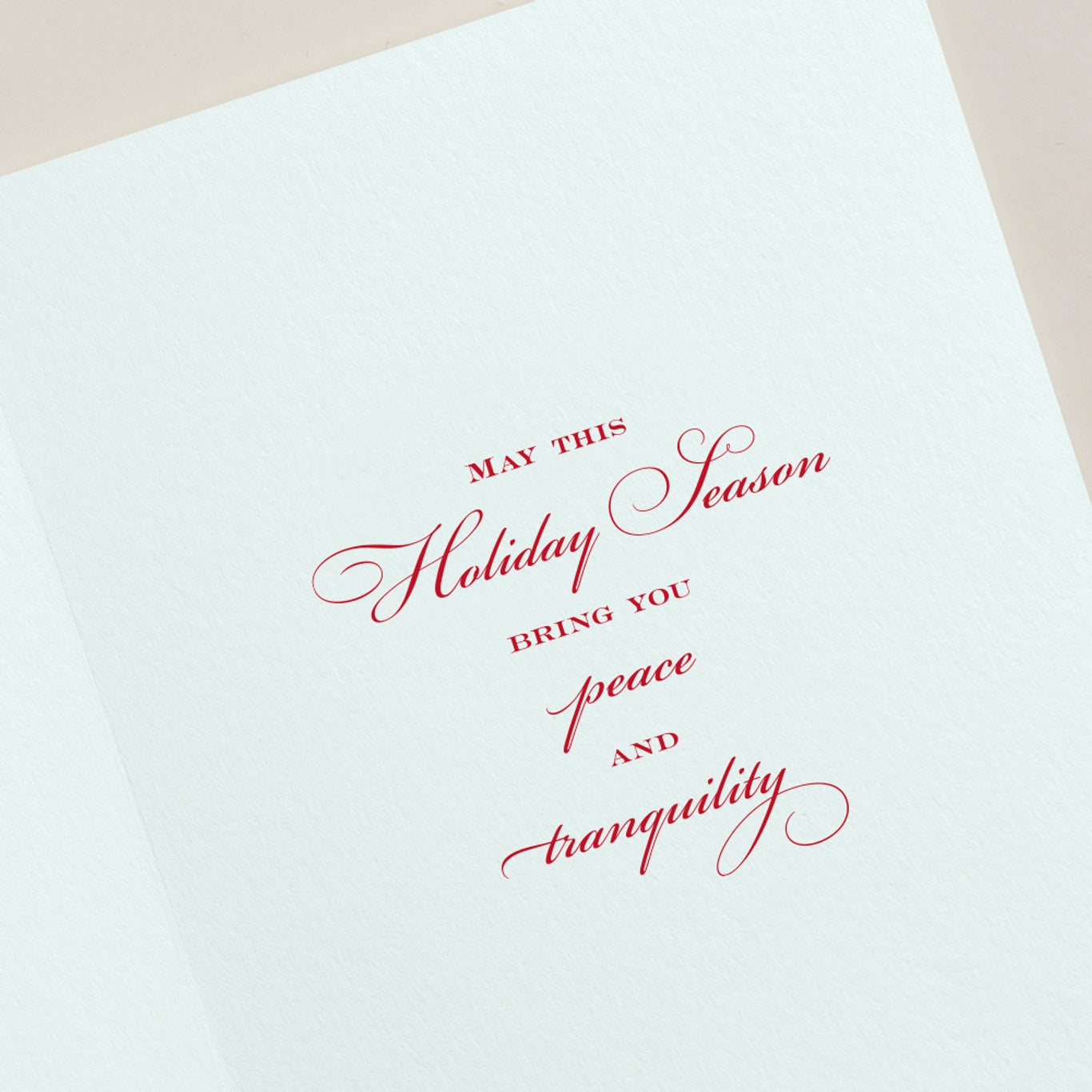 The Trimmed Palm Tree Card Set by Crane features an open holiday card with red script text, "May this Holiday Season bring you peace and tranquility," and adds festive tropical charm.