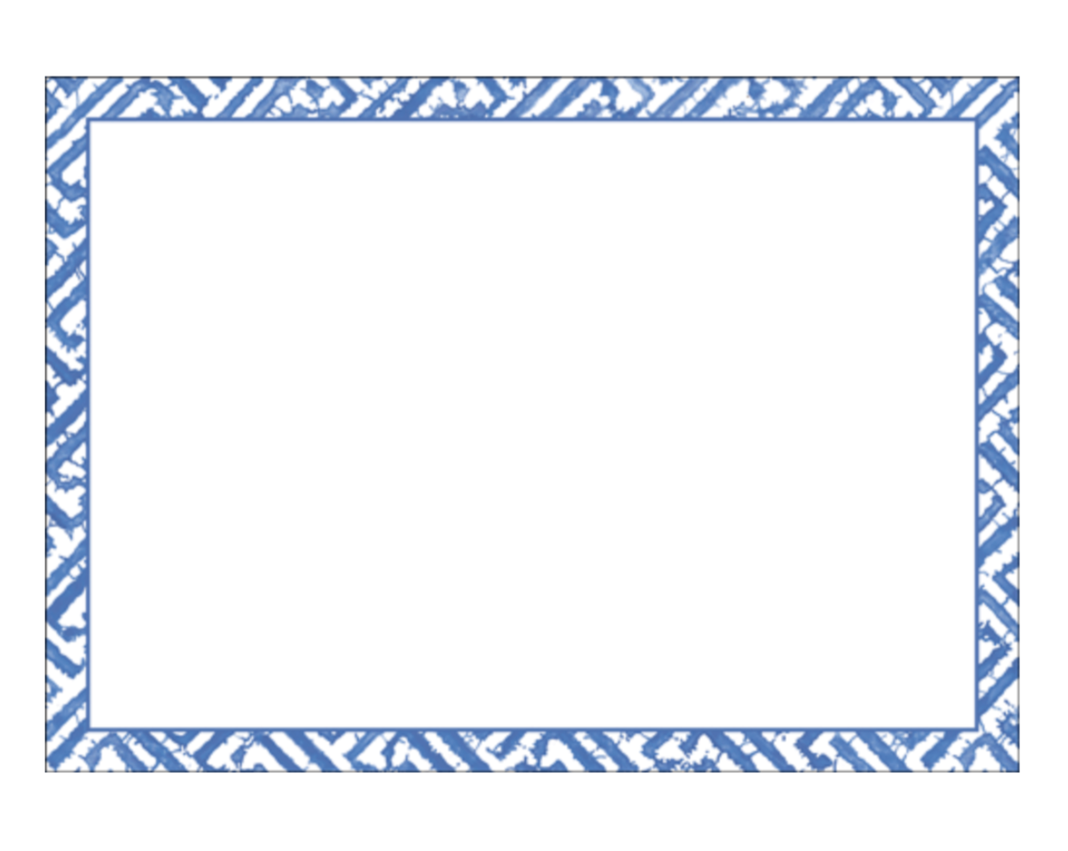 The Caspari Blue Fretwork Card Set features a rectangular white card framed by a blue and white geometric border, ideal for contemporary correspondence on heavyweight cardstock.