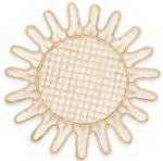 A round woven placemat with a sunburst pattern and open lattice center, handcrafted by Colombian artisans from natural fibers. Part of Themis Z's Kyma Rattan Placemat Collection.