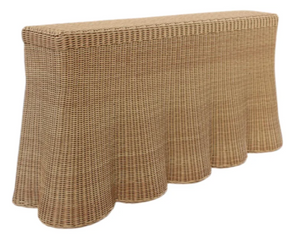 The Outdoor Scallop Console by Mainly Baskets Home is a rectangular synthetic rattan table with a scalloped skirted design, perfect as stylish all-weather outdoor furniture.