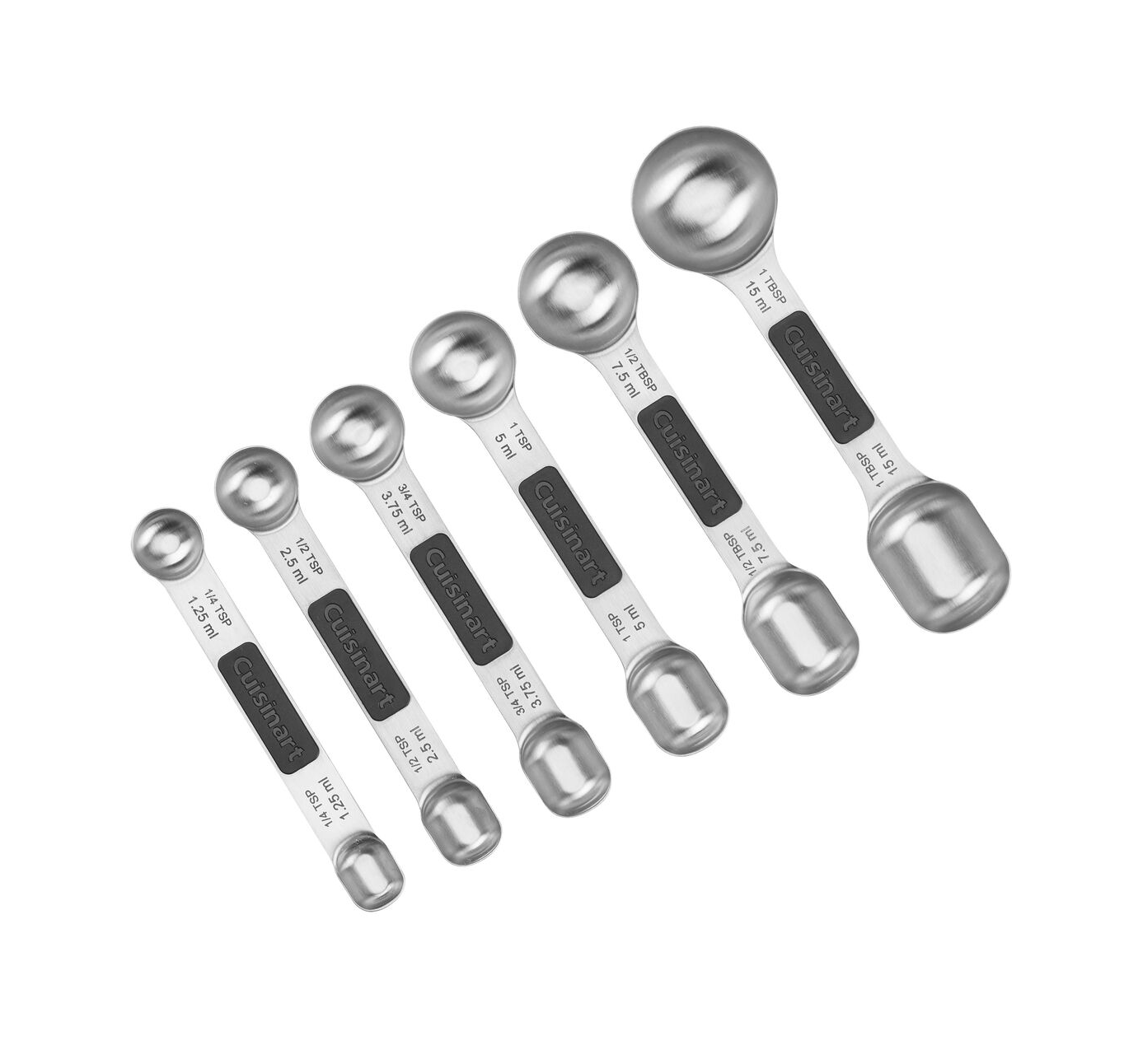 The Cuisinart Magnetic Measuring Spoons set includes six stainless steel spoons, each labeled with measurement markings for precision and arranged from smallest to largest.