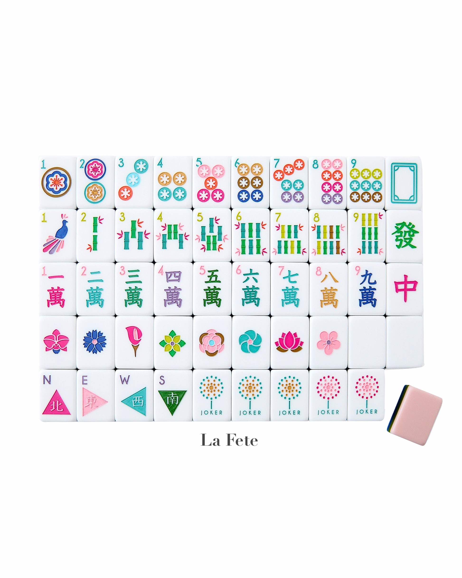The Oh My Mahjong "Mahjong Tile Collection" features a full set of vibrant, hand-painted tiles—circles, bamboo, characters, winds, dragons, flowers, seasons—and a unique pink tile for a fun and elevated gaming experience.