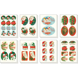 The Cavallini Papers and Co Christmas Stickers Tin includes eight sheets of vintage-style stickers with Santa, snowmen, children in sleighs, gifts, pinecones, and festive greetings—ideal for scrapbooking or art projects.
