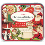 The Cavallini Papers and Co Holiday Vintage Christmas Stickers Tin features assorted vintage Santa Claus illustrations and festive greetings—perfect for adding Christmas cheer to your art projects.