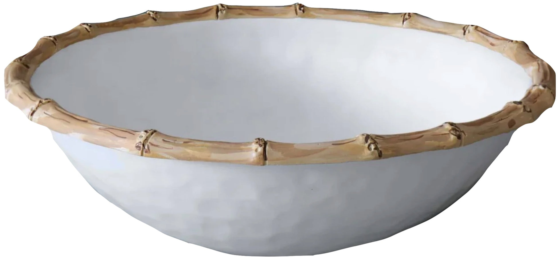 A white bowl from Beatriz Ball's Vida Natural Bamboo Serveware Collection features a textured surface and bamboo-inspired rim—ideal for anyone seeking stylish, break-resistant luxury melamine tableware.