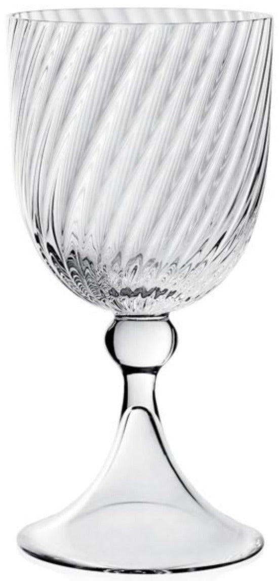 The Venetia Drinkware Collection by William Yeoward Crystal features clear goblets with round bases, elegant stems with spherical details, and bowls adorned with textured diagonal swirls inspired by Venetian glassmaking.