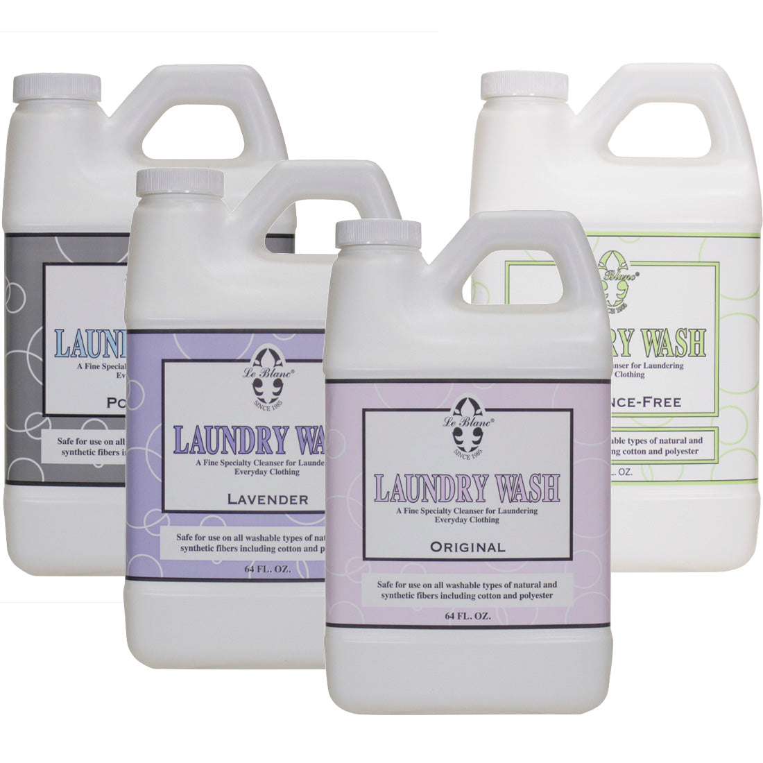 Four one-gallon bottles of Le Blanc Laundry Wash are displayed, each featuring a distinct scent—Powder, Lavender, Original, and Scent-Free—showcasing a versatile fragrance selection ideal for cold water use.