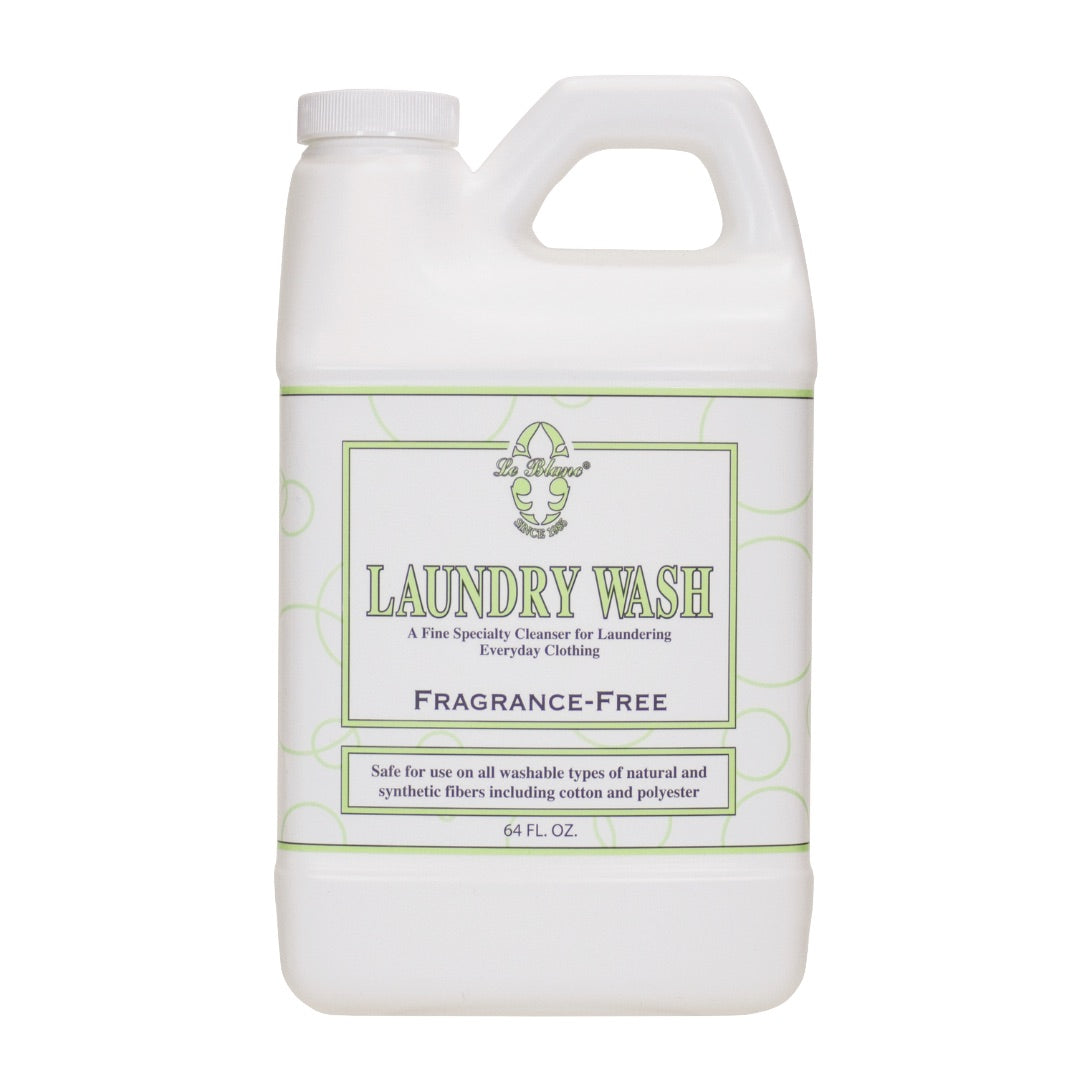 Le Blanc Laundry Wash, 64 fl oz with a white and green label, cleans natural and synthetic fabrics—even in cold water—for fresh, effective cleaning without fragrance.
