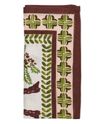 The Kim Seybert Oasis Napkin Set features 100% linen napkins with a green and brown botanical pattern and decorative border, adding a touch of tropical style to your table.