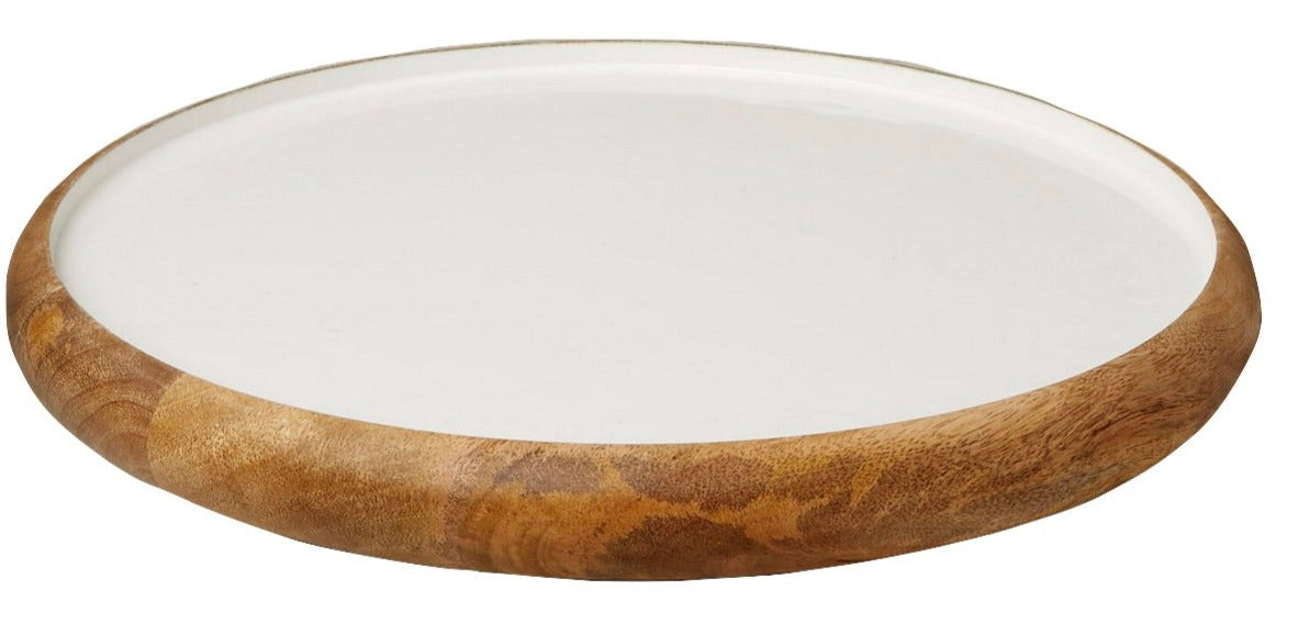 The Madras Curva Lazy Susan by Be Home features a white surface and a raised, handcrafted wooden rim made from sustainably sourced materials, adding style to any setting.