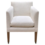 The Lee Industries Arm Chair on Casters features cream upholstery, a cushioned seat, straight arms, and wooden legs for comfort and style, shown in a front-facing photo.