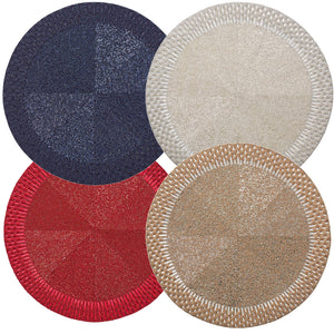 Four round Kim Seybert Palisade Placemats in navy blue, beige, red, and tan overlap on a white background—perfect for formal occasions or adding stylish flair to your table.