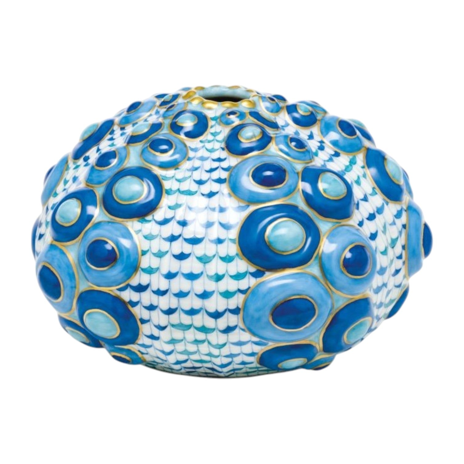 The Herend Reserve Collection Large Sea Urchin is a round ceramic vase featuring a blue, turquoise, and white scale-like pattern with raised circular blue accents reminiscent of a sea urchin.