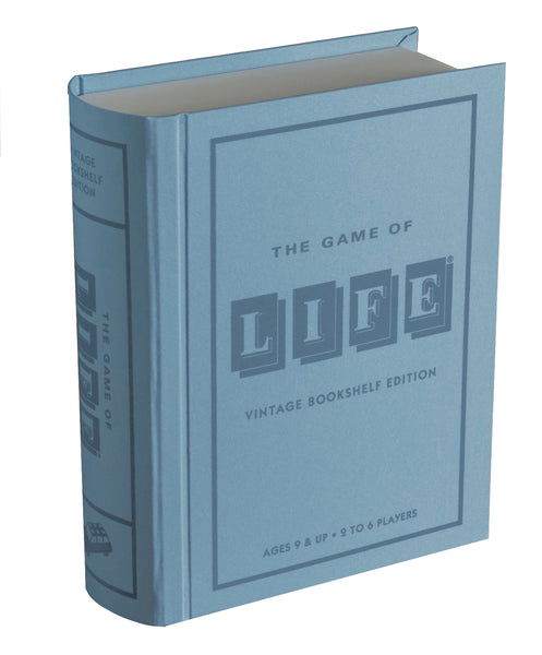 A vintage bookshelf edition board game titled "WS Game Company The Game of Life Vintage Bookshelf Edition" designed with classic board game aesthetics and vintage graphics to resemble a classic book.