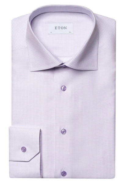 A close-up of an Eton Contemporary Light Purple Checked Stretch Shirt fabric.
