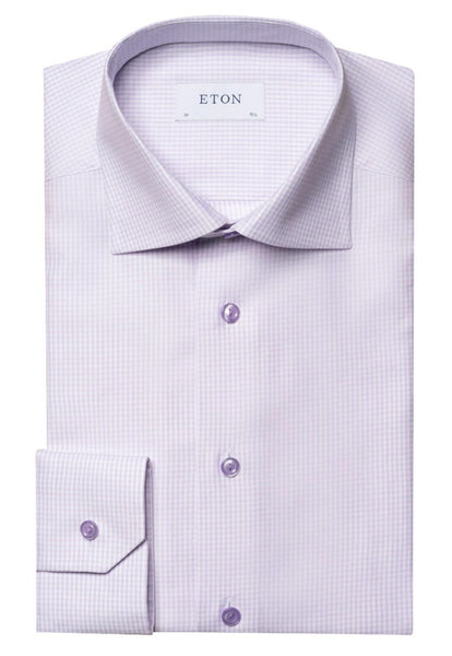 A light purple micro check pattern Eton dress shirt with a spread collar and buttoned cuffs, crafted from a Cotton & TENCEL™ fabric blend.