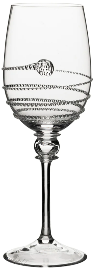 A clear wine glass from the Juliska Amalia Drinkware Collection, featuring a decorative spiral along the bowl and a signature round accent on one side.