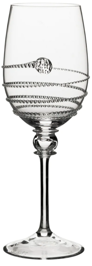 A clear wine glass from the Juliska Amalia Drinkware Collection, featuring a decorative spiral along the bowl and a signature round accent on one side.