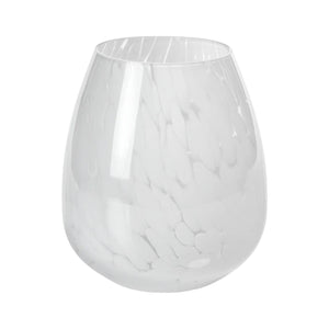 The Zodax Liguria Confetti Glass Vase features a clear, rounded design with a subtle white marbled pattern, making it perfect for elegant décor.