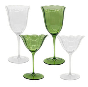 The Duggan Society Lily Collection features four elegant wine glasses—two clear, two green—with scalloped rims, ideal for stylish entertaining and adding refined charm to your tableware.