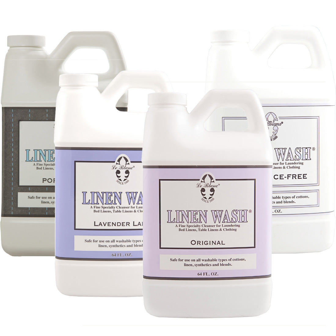 Four large Le Blanc Linen Wash bottles—in Original, Lavender Lady, Portofino, and Fragrance-Free—are displayed together on a white background. Perfect for gentle fabric and luxury linen care, even in cold water.