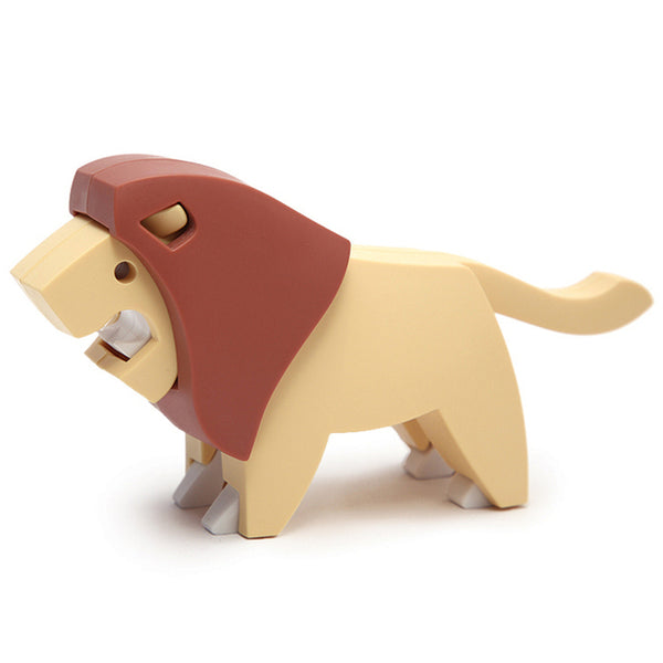 A stylized, plastic toy lion from the Halftoys Safari Friends collection with brown mane and tan body, designed with simple, geometric shapes on a white background.