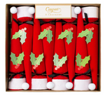 Caspari’s Santa Hat Cone Cracker Set includes 8 Christmas crackers shaped like Santa hats, each with a holly and berry cutout—festive party favors ideal for any holiday celebration.