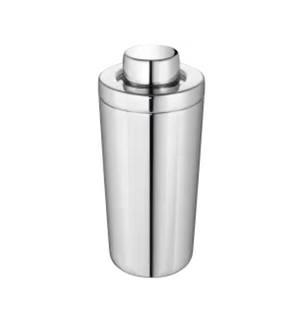 The Oh de Christofle Stainless Steel Shaker by Christofle, with a sleek reflective finish and classic three-piece design, stands upright on a white background.