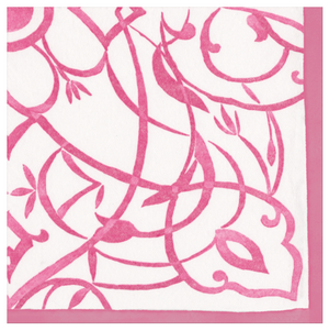 The Algarve Fuchsia Paper Linen Napkin by Caspari features a white, triple-ply design with a pink floral vine pattern and solid pink border—both stylish and durable for any occasion.