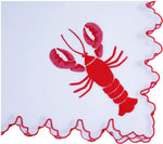 Haute Home’s Red Lobster Napkin Set features white linen napkins with scalloped red edges and an embroidered red lobster in one corner—ideal for seafood dinners.