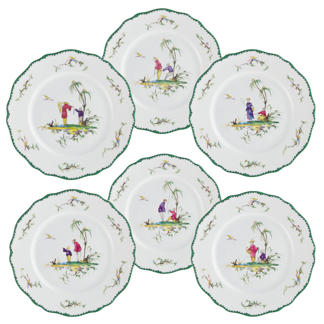 Set of six white plates from the Raynaud Longjiang Dinnerware Collection, each adorned with green-trimmed edges, a central scene of two figures with a tree, and green floral accents inspired by Vieux Marseille faience.