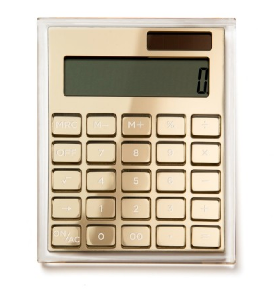The Russell & Hazel Acrylic Gold Calculator features a portable design, digital display at zero, square buttons, and a transparent clear acrylic outer casing.