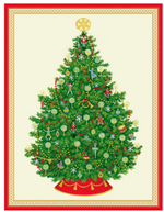 Illustration of a decorated Christmas tree with ornaments and a star, framed by a gold and red border—perfect for sending holiday wishes with the Caspari Nutcracker Ballet Christmas Tree Boxed Card Set.