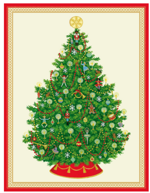 Illustration of a decorated Christmas tree with ornaments and a star, framed by a gold and red border—perfect for sending holiday wishes with the Caspari Nutcracker Ballet Christmas Tree Boxed Card Set.