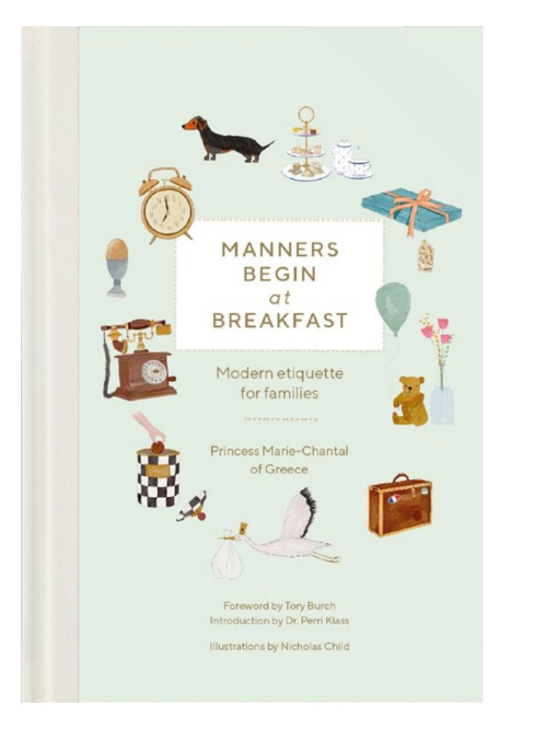 Book cover of "Manners Begin at Breakfast" by Vendome, an etiquette book with charming illustrations of a clock, suitcase, and teapot.