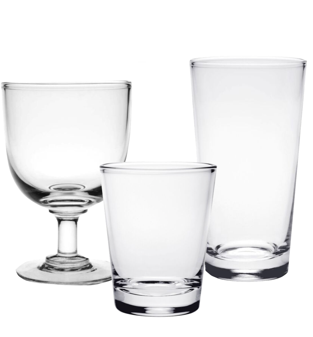 Three clear Maggie Drinkware Collection glasses by William Yeoward Crystal—a goblet, tumbler, and pint glass—feature striking shapes displayed on a crisp white background.