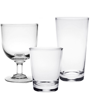 Three clear Maggie Drinkware Collection glasses by William Yeoward Crystal—a goblet, tumbler, and pint glass—feature striking shapes displayed on a crisp white background.