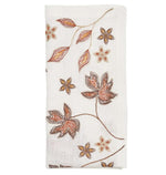 White fabric napkin with autumn-inspired embroidery in brown, orange, and gold from the Kim Seybert Maple Hues Collection—ideal for fall tables or pairing with the Maple Hues Tablecloth.
